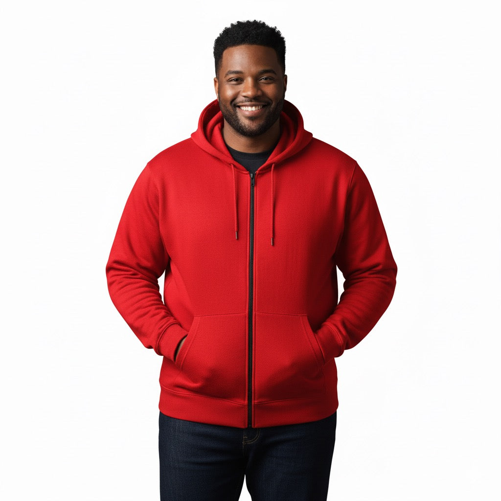 A smiling man wears the Chaqueta Unisex XL-XXL-XXXL, a bright red zip-up hoodie with dark jeans, posing against a plain white background. Entrega inmediata disponible para este modelo.