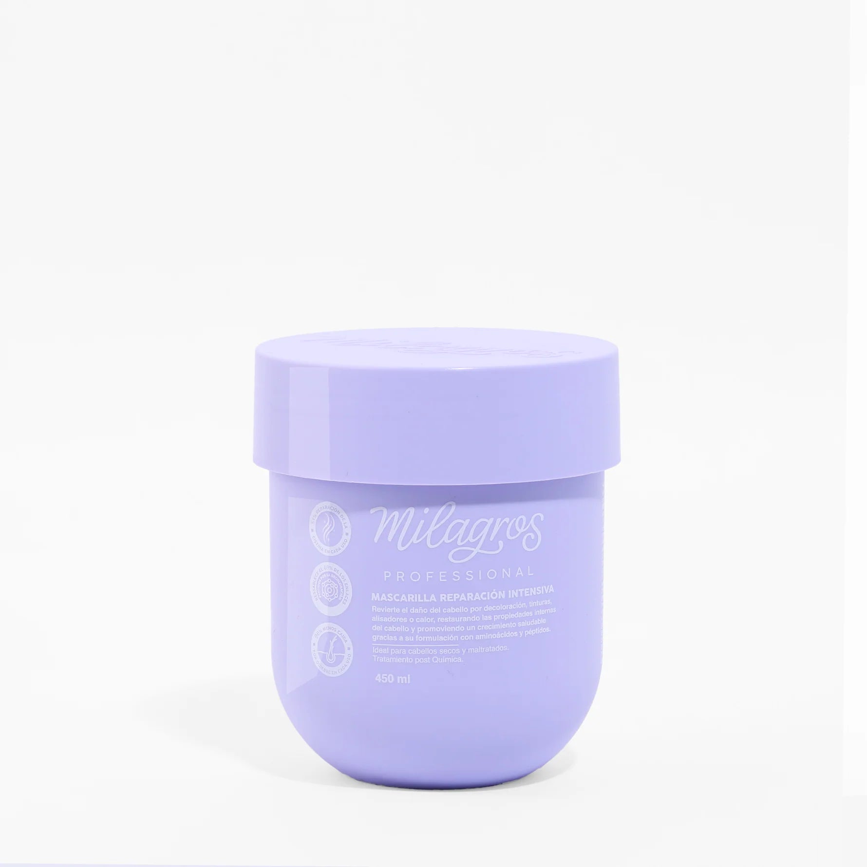 A light purple container of Mascarilla Profesional hair mask with white text and icons on the front, set against a plain white background.