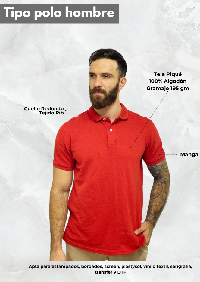 A bearded man models the Tipo Polo 195g, a red short-sleeve polo in 100% cotton piqué with a ribbed round collar and 195g fabric—ideal for customization. Available for immediate delivery or made to order.