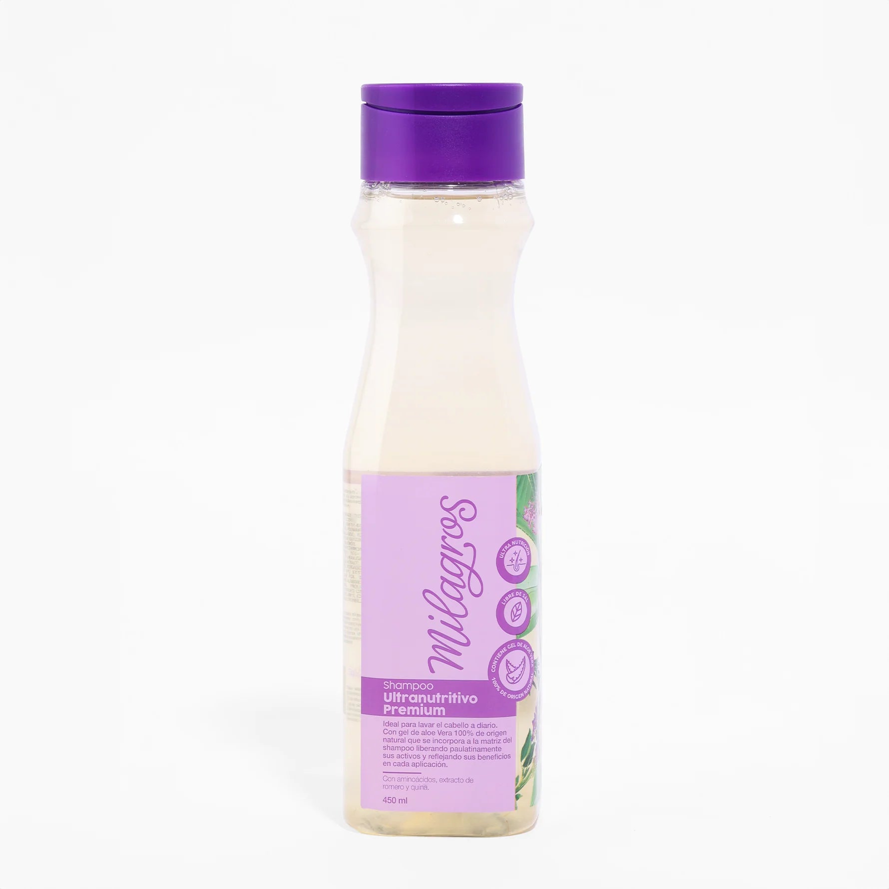A clear plastic bottle with a purple cap holds light-colored Shampoo Ultranutritivo. The purple front label displays the product name along with icons and text. The bottle is placed against a white background.